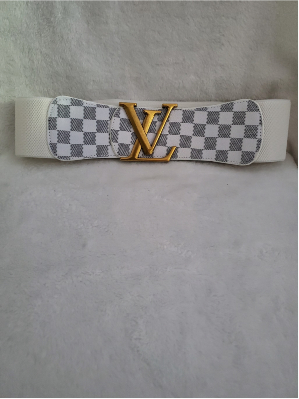 White and gray l checkered pattern elastic dressbelt size 36×3